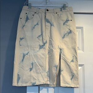 Cream Midi Skirt with Soft Blue Tie-Dye and Front Slit